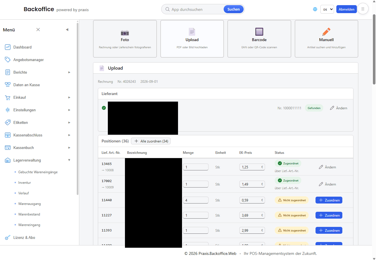 Backoffice-Ansicht nach dem Einlesen einer Lieferantenrechnung: 36 Positionen wurden erkannt, 34 davon lassen sich in einem Schritt zuordnen. Zwei Positionen sind bereits über die Lieferanten-Artikelnummer verknüpft, die übrigen zeigen den Status „Nicht zugeordnet" mit einer Schaltfläche zum Zuordnen.